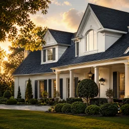 Finished premium residential roofing project on a stately home at golden hour