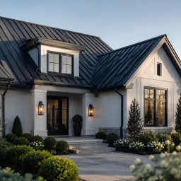 Upscale home with a refined dark metal roof in soft morning light