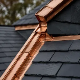 Slate roof tiles with copper flashing and precise installation details