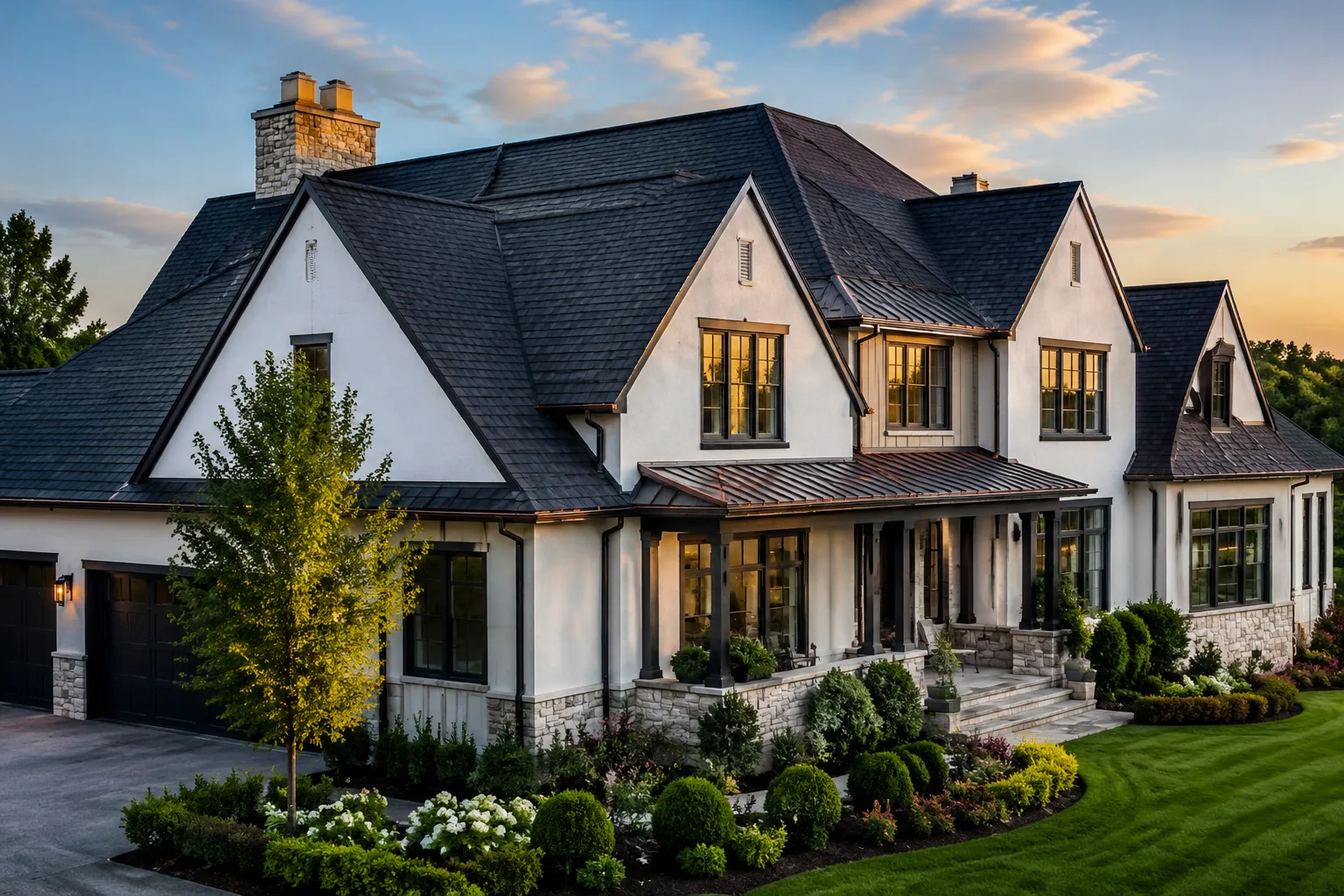 Premium residential roof on an elegant New York area home in late afternoon light